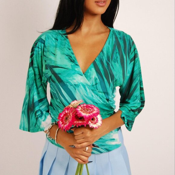 Y2K Bebe Top (S) vintage jungle green wrap tie blouse small - Picture 5 of 8